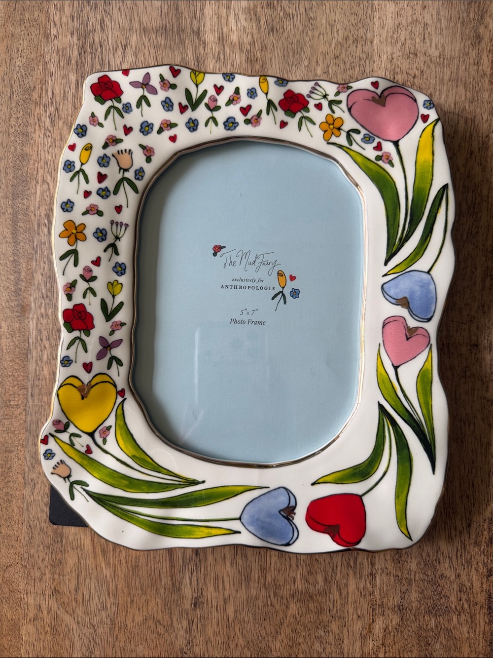 Anthropologie Hand-Painted Floral & Heart Ceramic Photo Frame - Multicolor